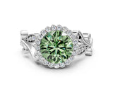 White gold Fancy Green Round Cut Diamond Halo Ring with Vintage Split Shank and Four-Prong Setting_85