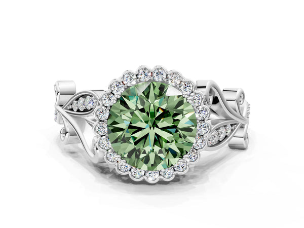 Platinum Round Graduated Leaf Halo Engagement Ring Setting for Fancy Green Center