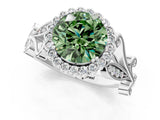White gold Fancy Green Round Cut Diamond Halo Ring with Vintage Split Shank and Four-Prong Setting_92