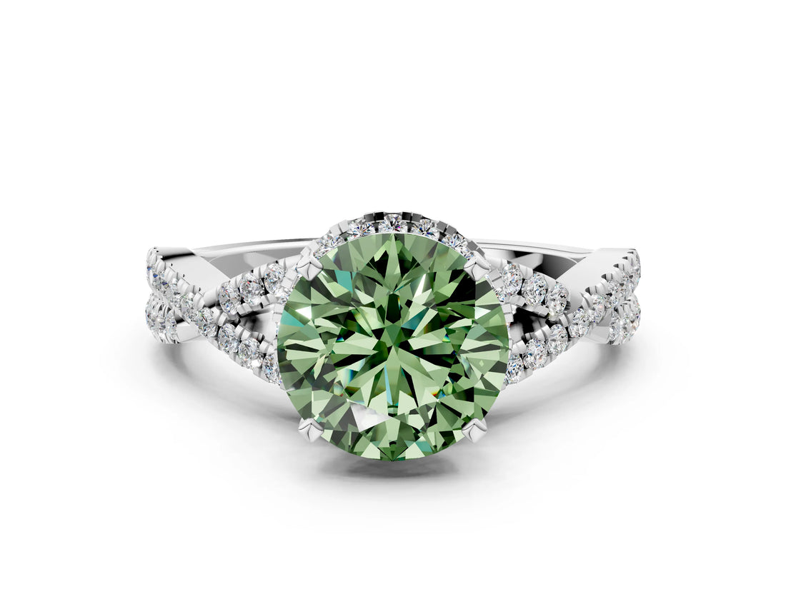 White gold Fancy Green Round Cut Diamond  Halo Twist Band Solitaire Prong Setting Ring_12