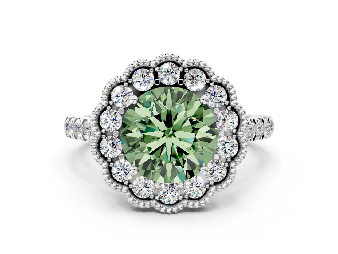White gold Fancy Green Round  Cut Diamond Milgrain Floral Halo Engagement Ring with Pavé Band_15