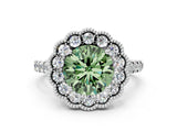 White gold Fancy Green Round  Cut Diamond Milgrain Floral Halo Engagement Ring with Pavé Band_15