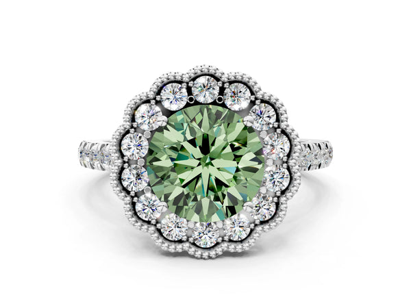 White gold Fancy Green Round  Cut Diamond Milgrain Floral Halo Engagement Ring with Pavé Band
