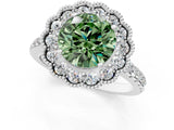 White gold Fancy Green Round  Cut Diamond Milgrain Floral Halo Engagement Ring with Pavé Band_16