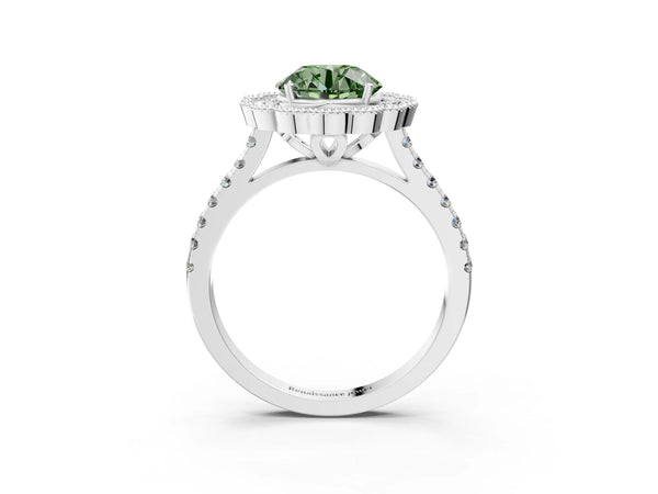 White gold Fancy Green Round  Cut Diamond Milgrain Floral Halo Engagement Ring with Pavé Band