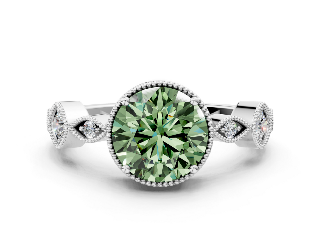 White gold Fancy Green Round  Cut Diamond Milgrain Marquise Band with Prong Setting_3