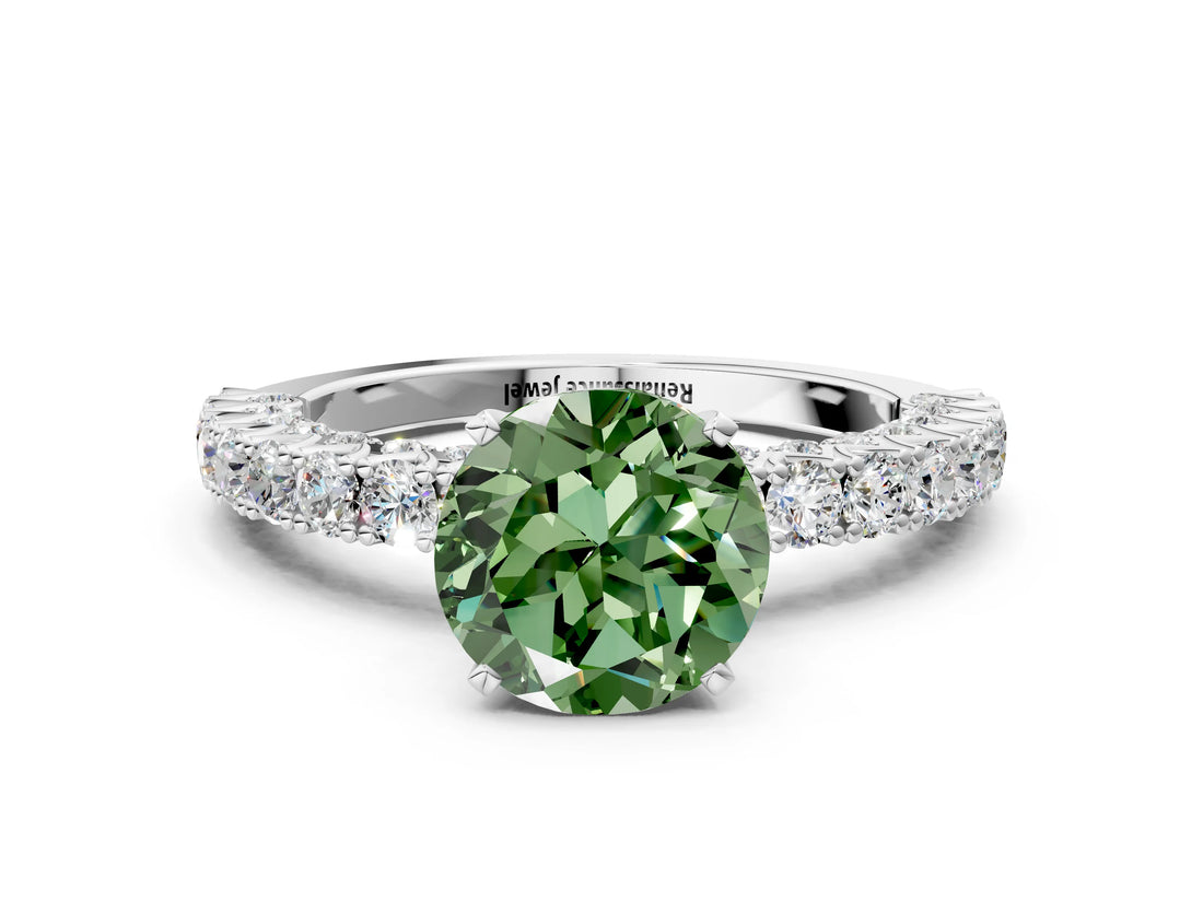 White gold Fancy Green Round Cut Diamond Pavé Band Solitaire Ring with Prong Setting_57