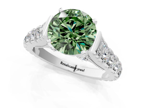 White gold Fancy Green Round Cut Diamond Classic Solitaire Ring with Pavé Band and Four-Prong Setting