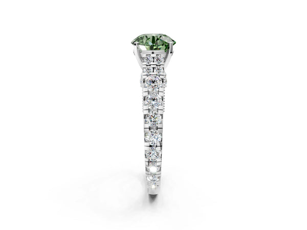 White gold Fancy Green Round Cut Diamond Classic Solitaire Ring with Pavé Band and Four-Prong Setting