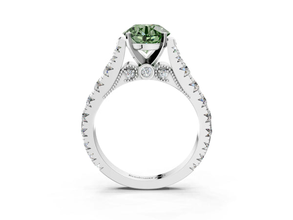 White gold Fancy Green Round Cut Diamond Classic Solitaire Ring with Pavé Band and Four-Prong Setting