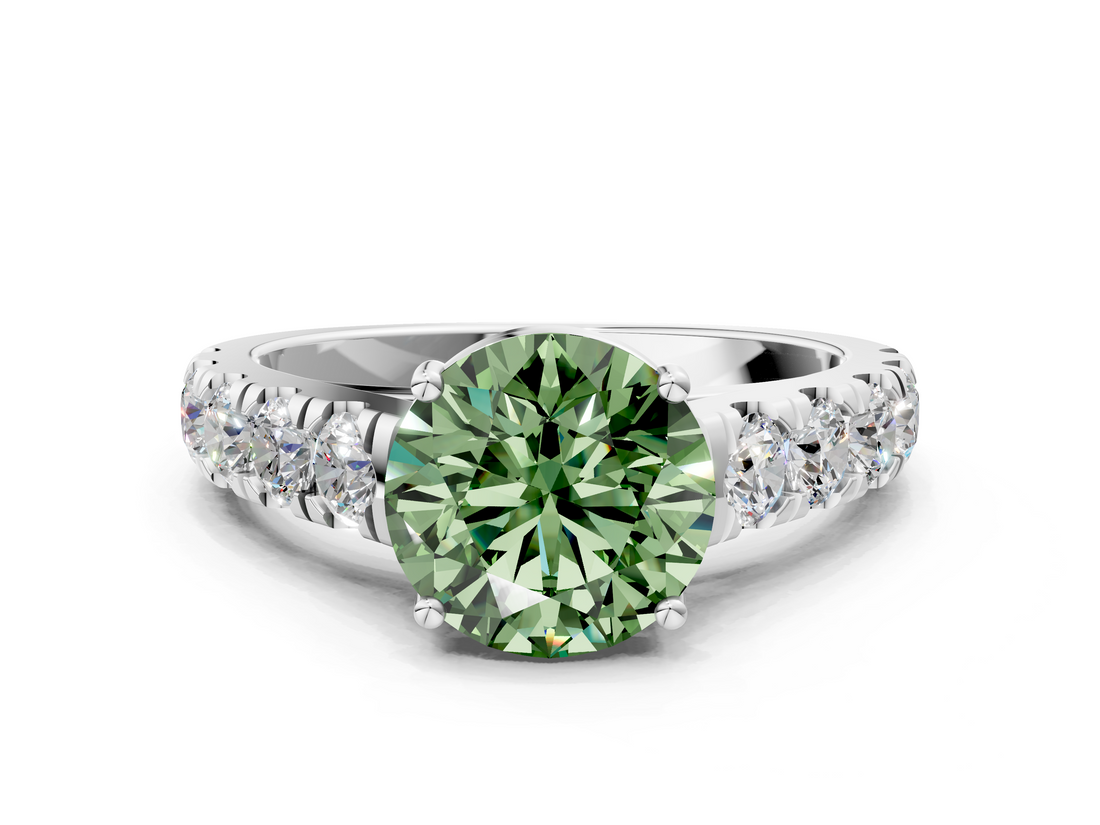 White gold Fancy Green Round  Cut Diamond Pavé Band Solitaire with Four-Prong Setting_3