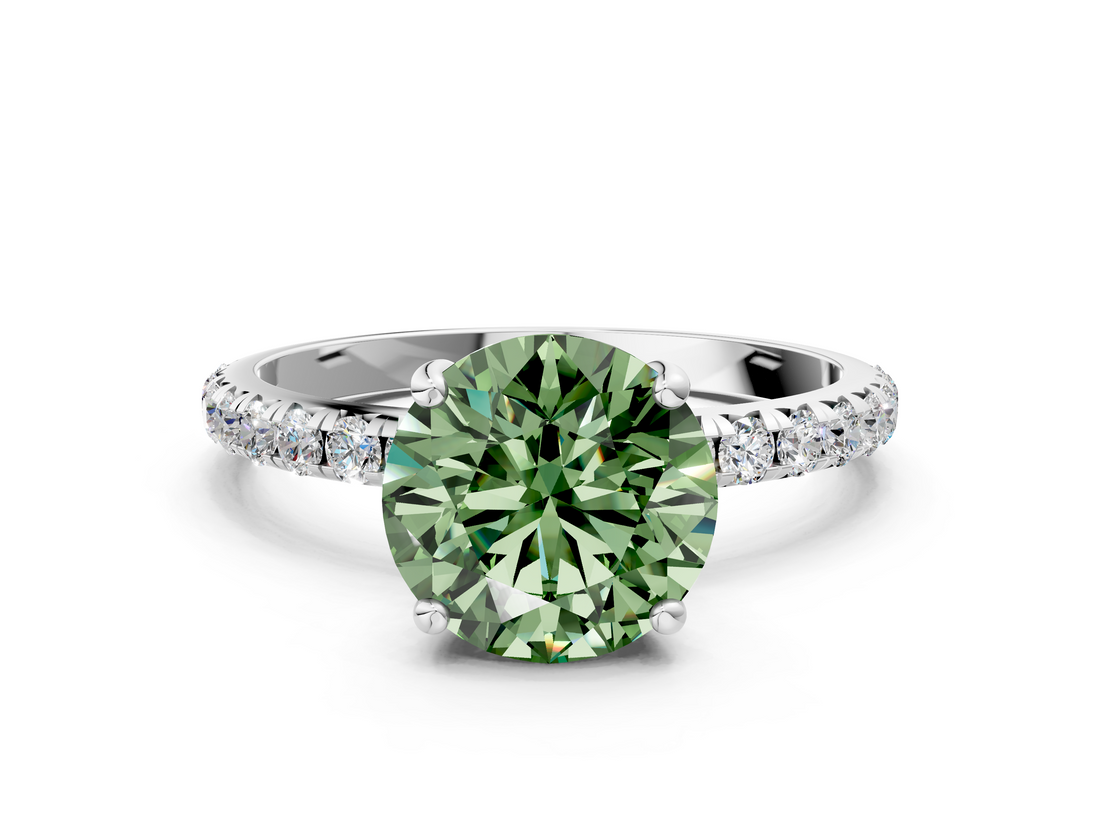 White gold Fancy Green Round  Cut Diamond Pavé Band Solitaire with Four-Prong Setting_3