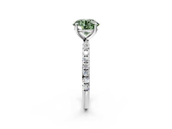 White gold Fancy Green Round  Cut Diamond Solitaire Ring with Micro Pave Band and Four Prong Setting