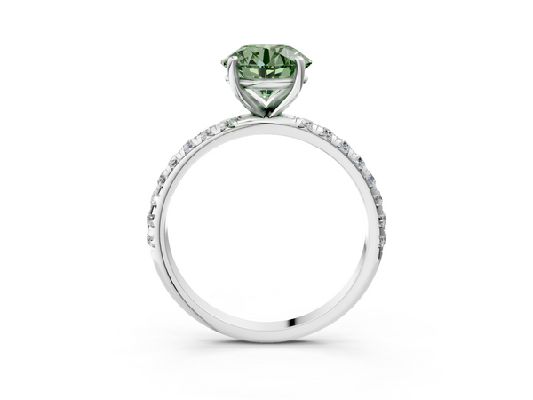 White gold Fancy Green Round  Cut Diamond Solitaire Ring with Micro Pave Band and Four Prong Setting