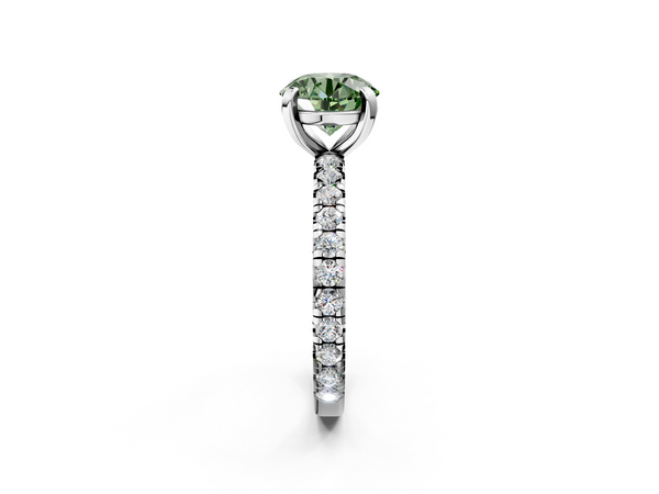 Platinum Fancy Green Round  Cut Diamond Pavé Band with Four-Prong Setting
