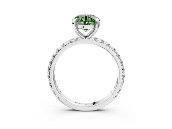 Platinum Fancy Green Round  Cut Diamond Pavé Band with Four-Prong Setting
