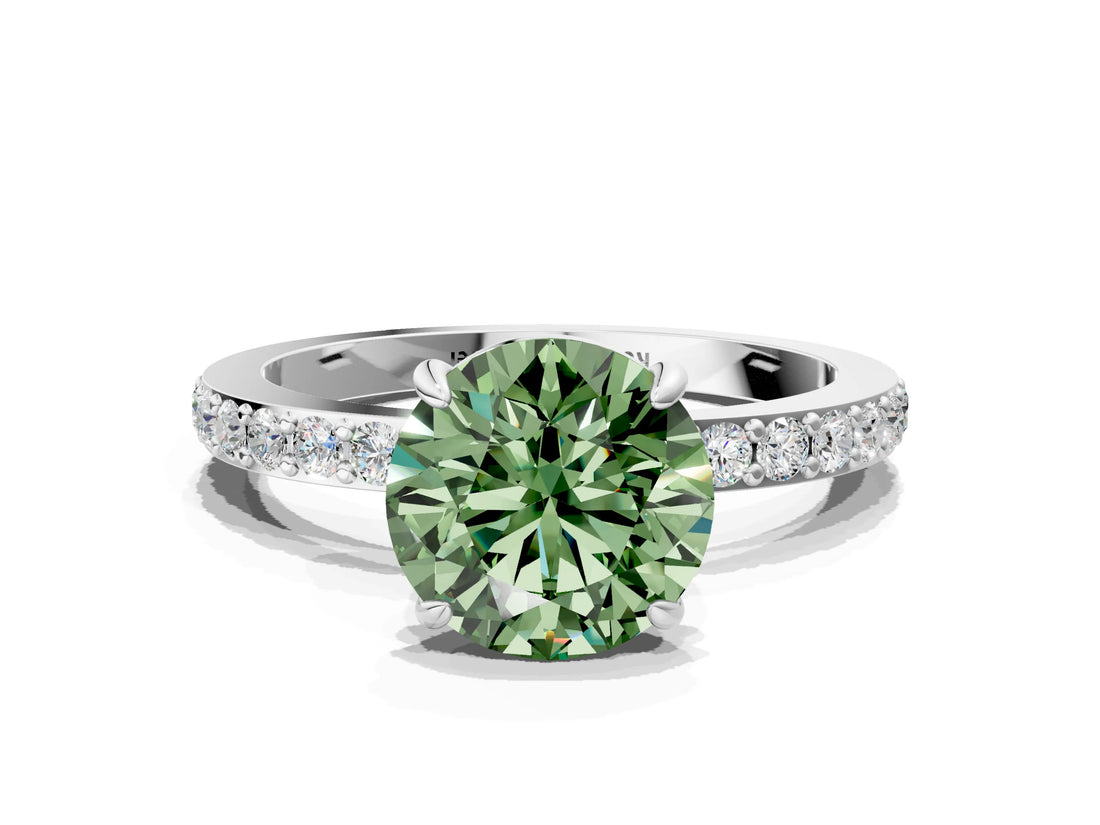 White gold Fancy Green Round Cut Diamond Pavé Engagement Ring with Round  Accents and Prong Setting_125