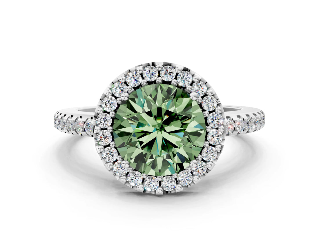 White gold Fancy Green Round Cut Diamond Pavé Halo Ring with Four-Prong Setting_60