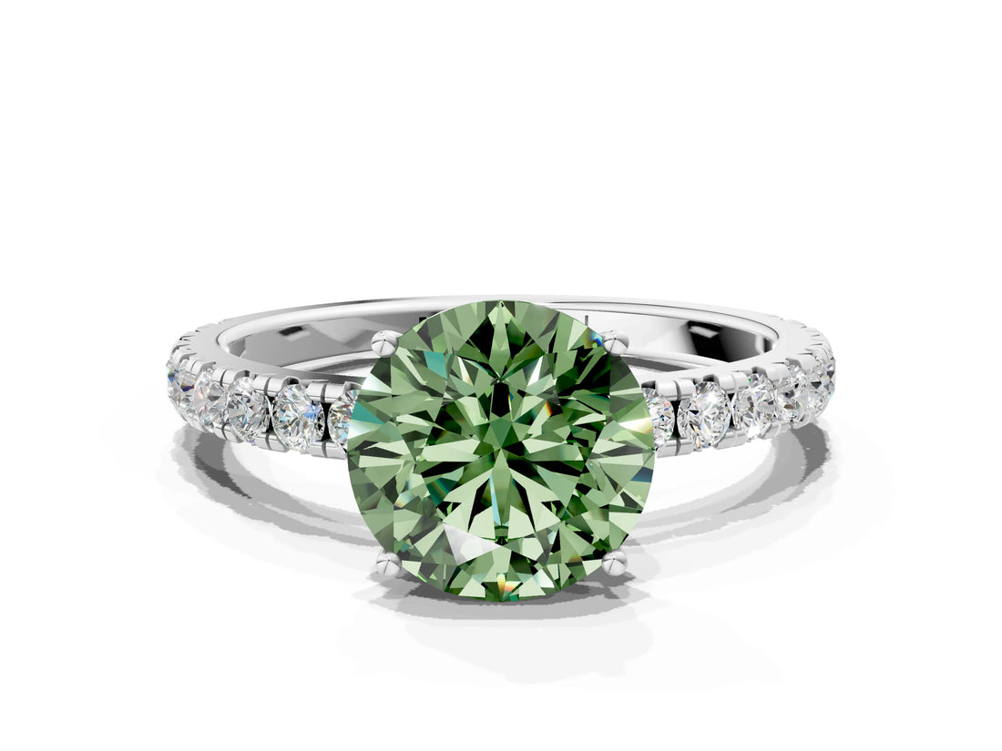 White gold Fancy Green Round Cut Diamond Pavé Solitaire Engagement Ring with Four-Prong Setting_89