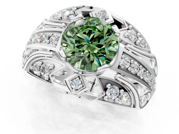 White gold Fancy Green Round Cut Diamond Pave Art Deco Split Shank Ring with Four-Prong Setting