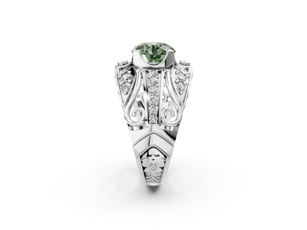 White gold Fancy Green Round Cut Diamond Pave Art Deco Split Shank Ring with Four-Prong Setting