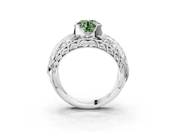White gold Fancy Green Round Cut Diamond Pave Art Deco Split Shank Ring with Four-Prong Setting