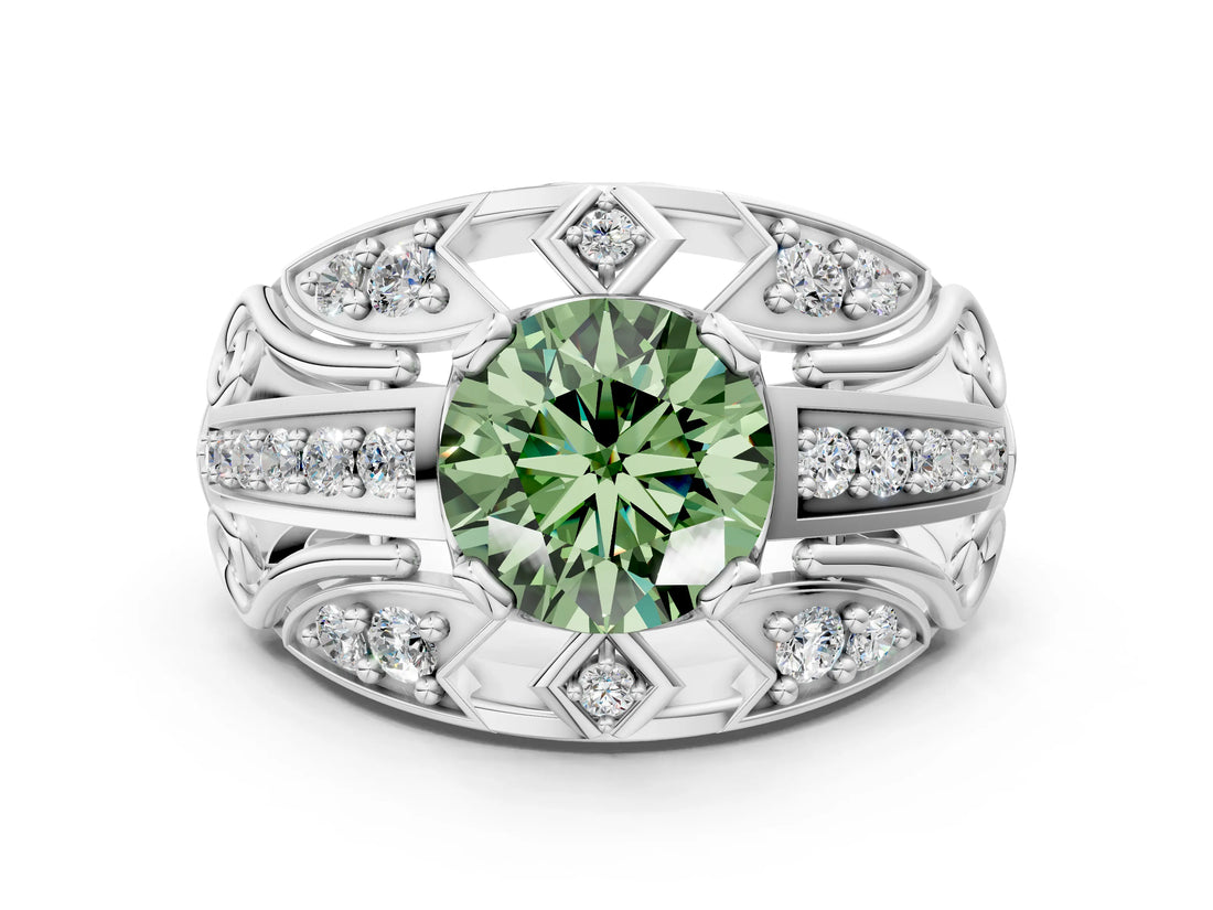 White gold Fancy Green Round Cut Diamond Pave Art Deco Split Shank Ring with Four-Prong Setting