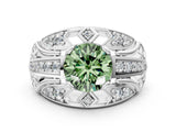 White gold Fancy Green Round Cut Diamond Pave Art Deco Split Shank Ring with Four-Prong Setting