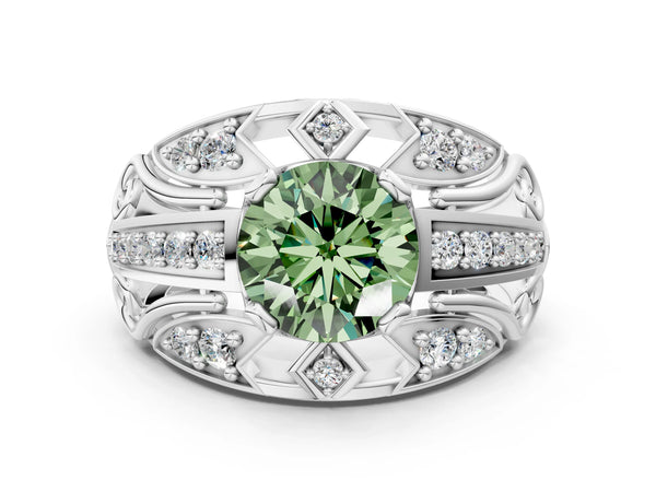 White gold Fancy Green Round Cut Diamond Pave Art Deco Split Shank Ring with Four-Prong Setting