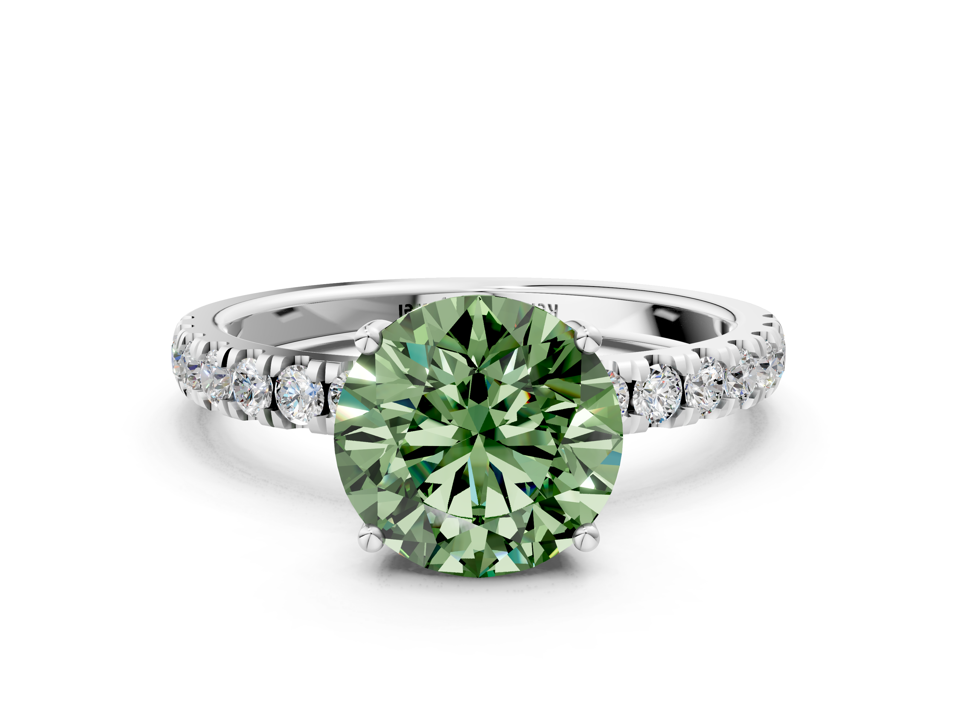 White gold Fancy Green Round  Cut Diamond Pave Band Solitaire Ring with Four-Prong Setting_24