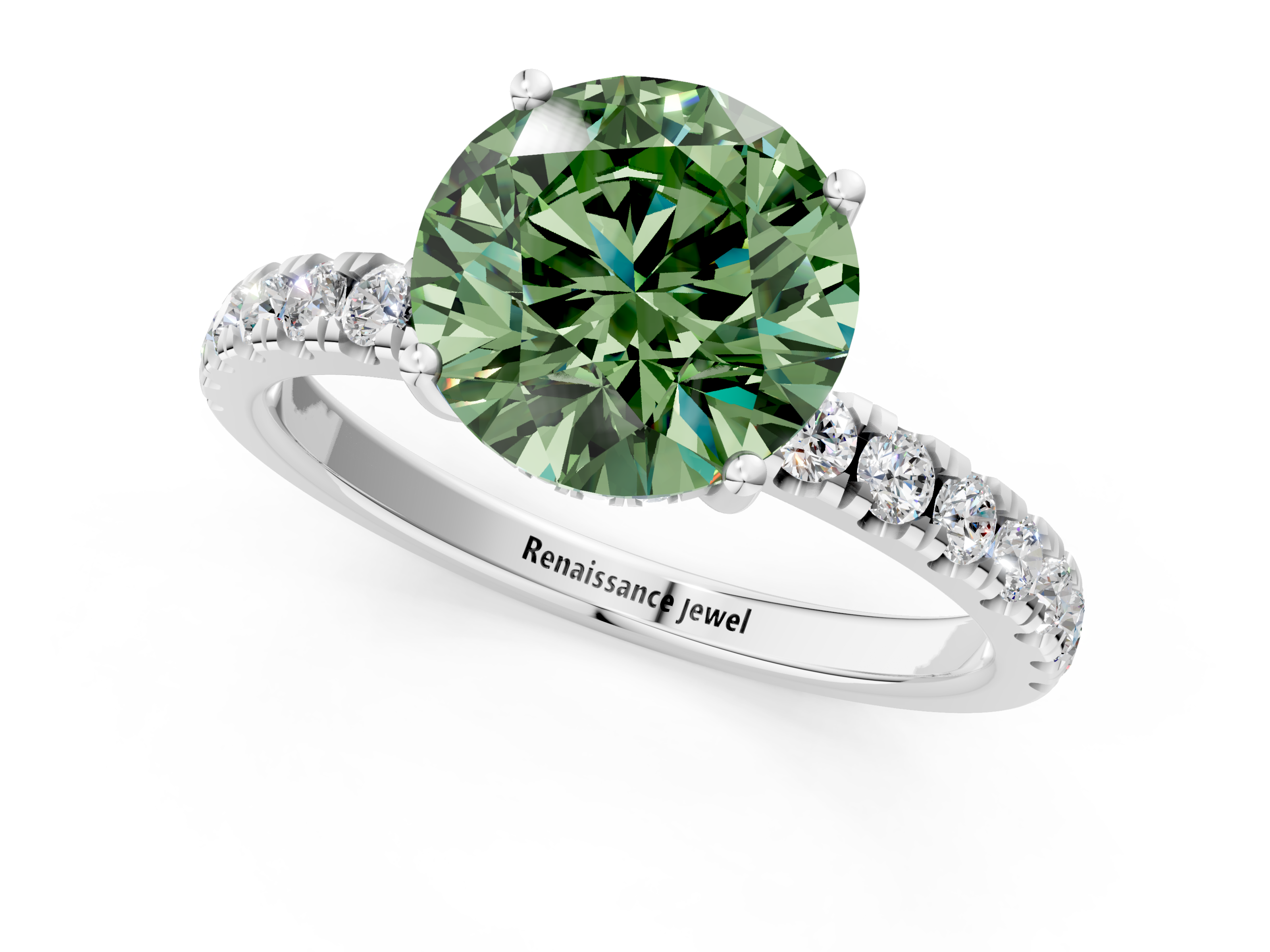 White gold Fancy Green Round  Cut Diamond Pave Band Solitaire Ring with Four-Prong Setting_25