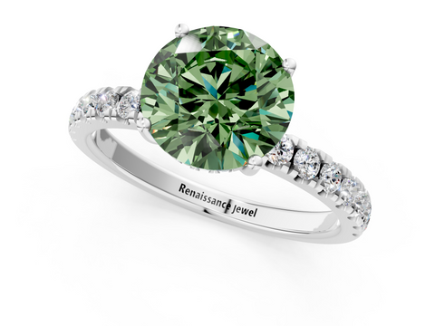 White gold Fancy Green Round  Cut Diamond Pave Band Solitaire Ring with Four-Prong Setting_25