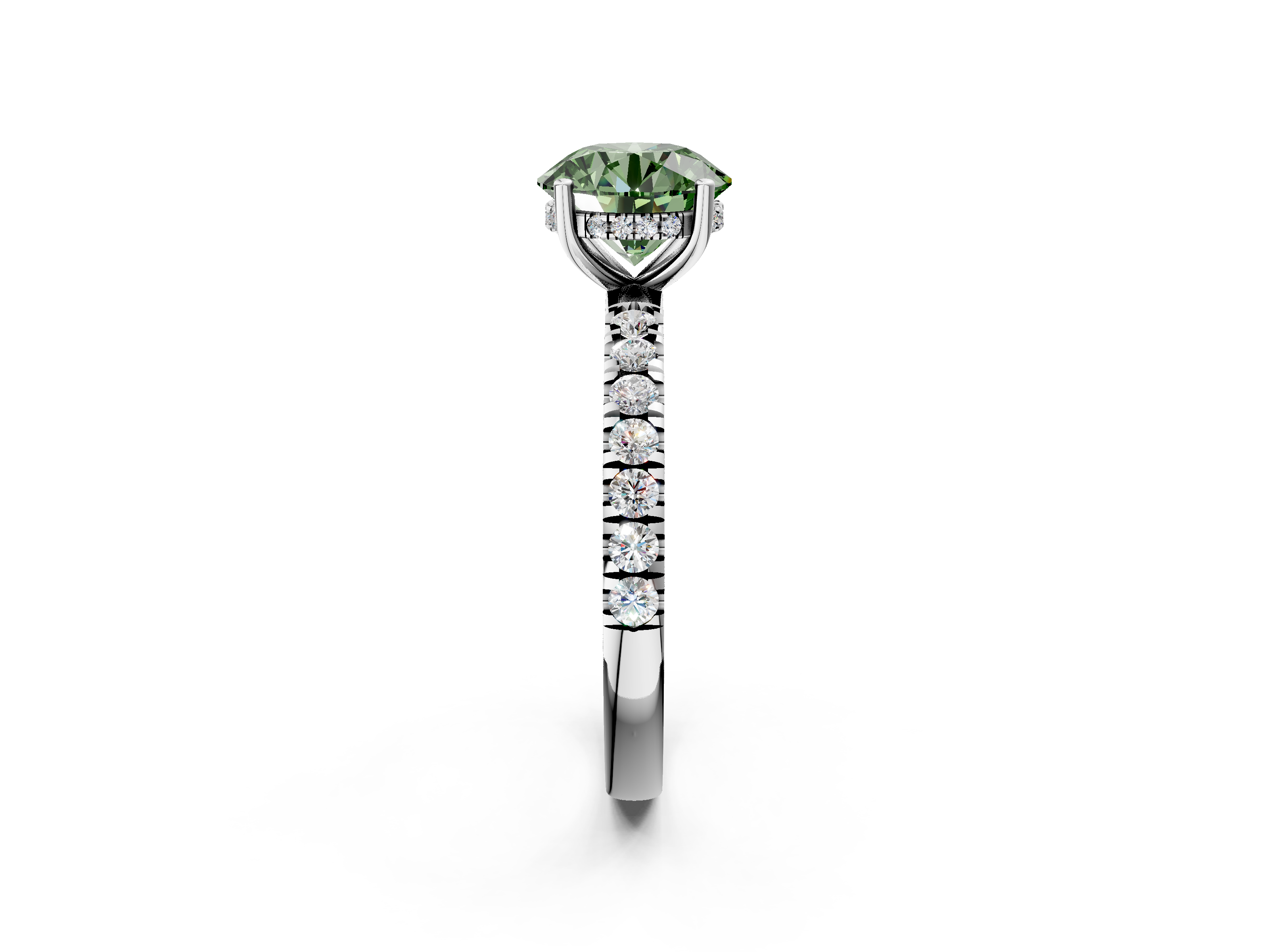 White gold Fancy Green Round  Cut Diamond Pave Band Solitaire Ring with Four-Prong Setting_26