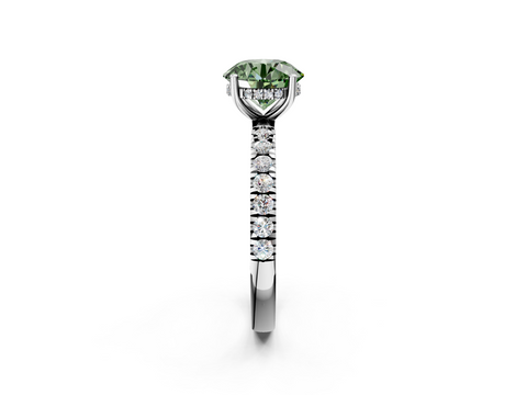 White gold Fancy Green Round  Cut Diamond Pave Band Solitaire Ring with Four-Prong Setting_26