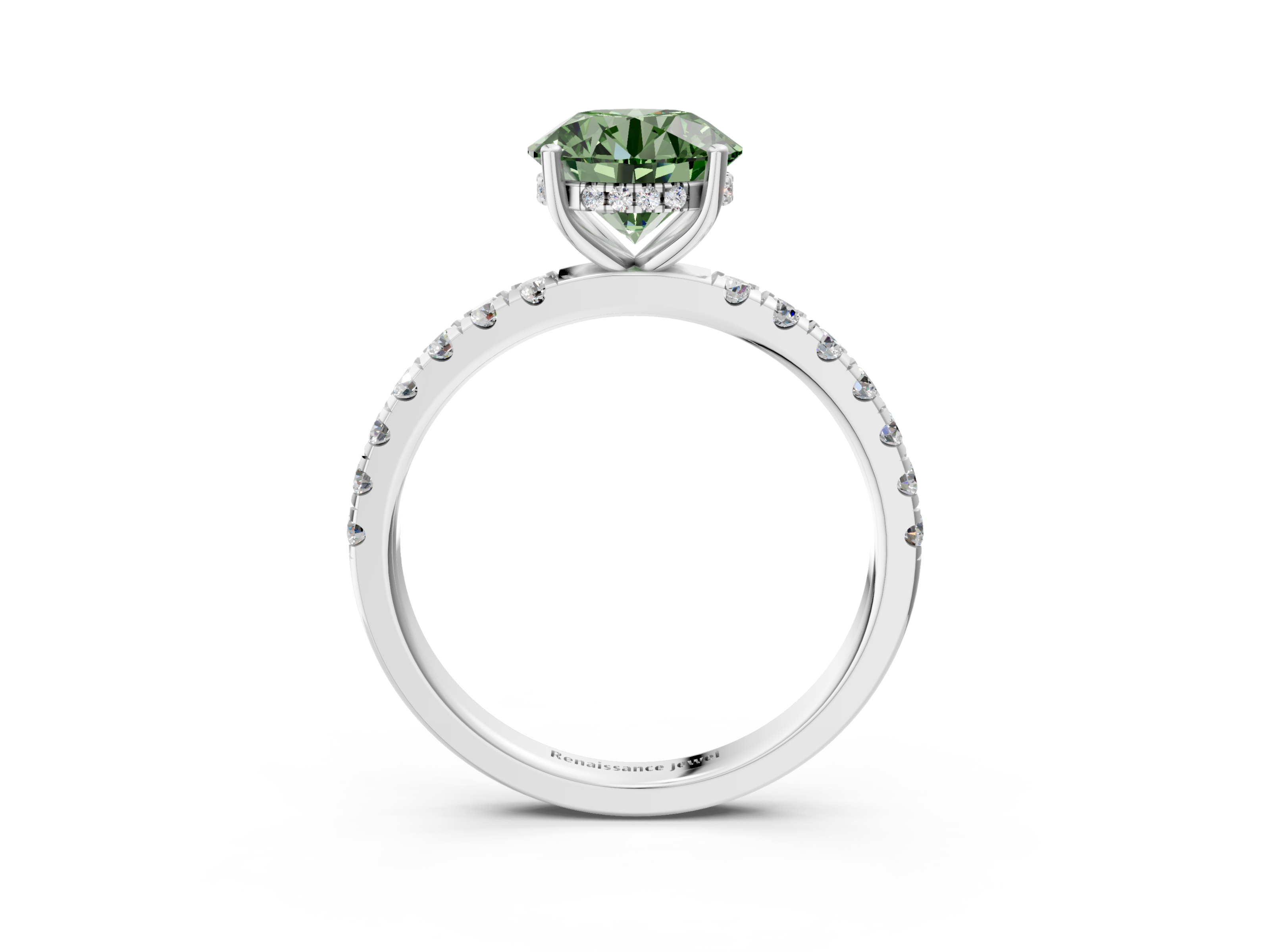 White gold Fancy Green Round  Cut Diamond Pave Band Solitaire Ring with Four-Prong Setting_27