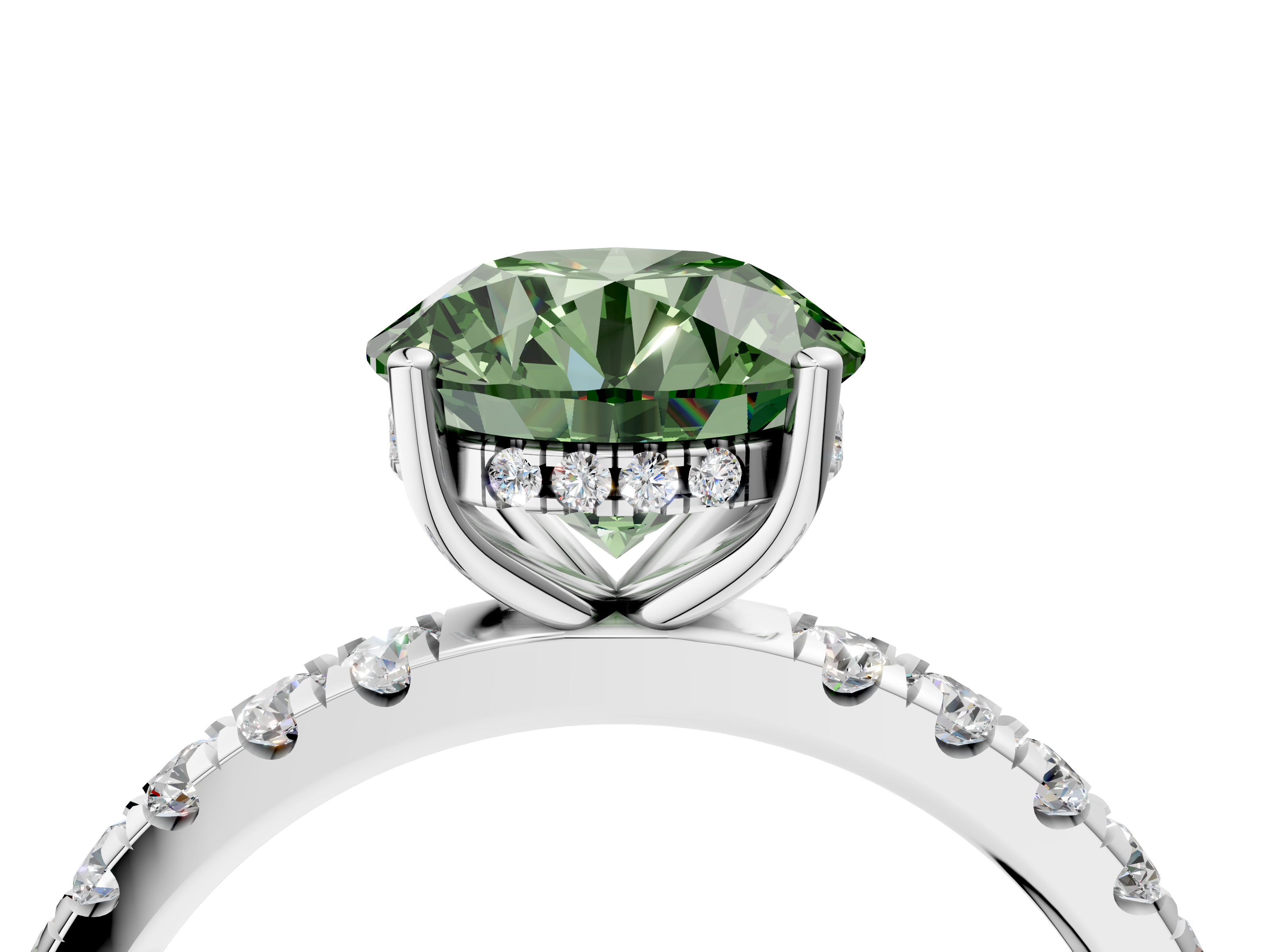 White gold Fancy Green Round  Cut Diamond Pave Band Solitaire Ring with Four-Prong Setting_28