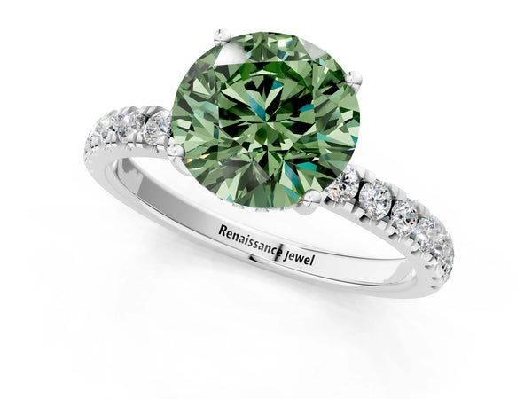 White gold Fancy Green Round Cut Diamond Pave Band Solitaire Ring with Round  and Prong Setting