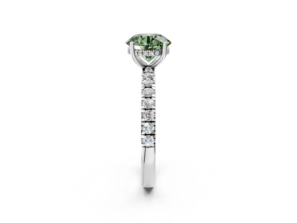 White gold Fancy Green Round Cut Diamond Pave Band Solitaire Ring with Round  and Prong Setting