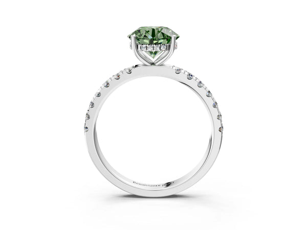 White gold Fancy Green Round Cut Diamond Pave Band Solitaire Ring with Round  and Prong Setting