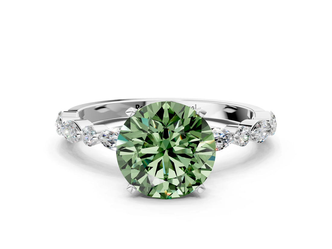 White gold Fancy Green Round Cut Diamond Ring with Marquise and Round  Side Stones and Four-Prong Setting_76