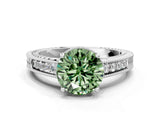 White gold Fancy Green Round Cut Diamond Ring with Milgrain Pavé Band and Four-Prong Setting_32