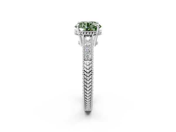 White gold Fancy Green Round Cut Diamond Ring with Milgrain Pavé Band and Four-Prong Setting