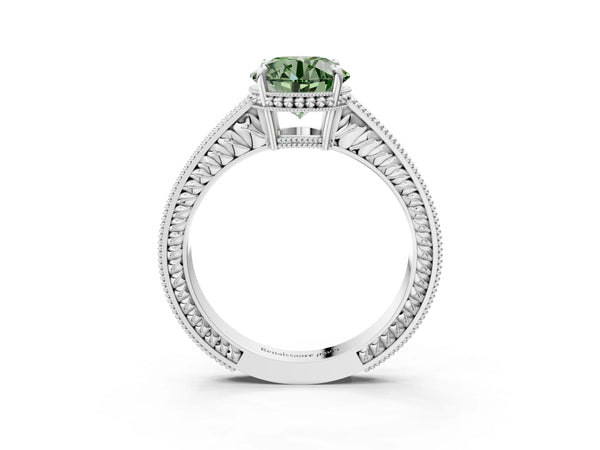 White gold Fancy Green Round Cut Diamond Ring with Milgrain Pavé Band and Four-Prong Setting