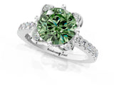 White gold Fancy Green Round Cut Diamond Ring with Pavé Band and Floral Prong Setting_40