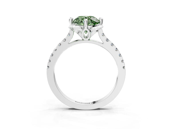 Platinum Round Floral Petal Pave Engagement Ring Setting for Fancy Green Center
