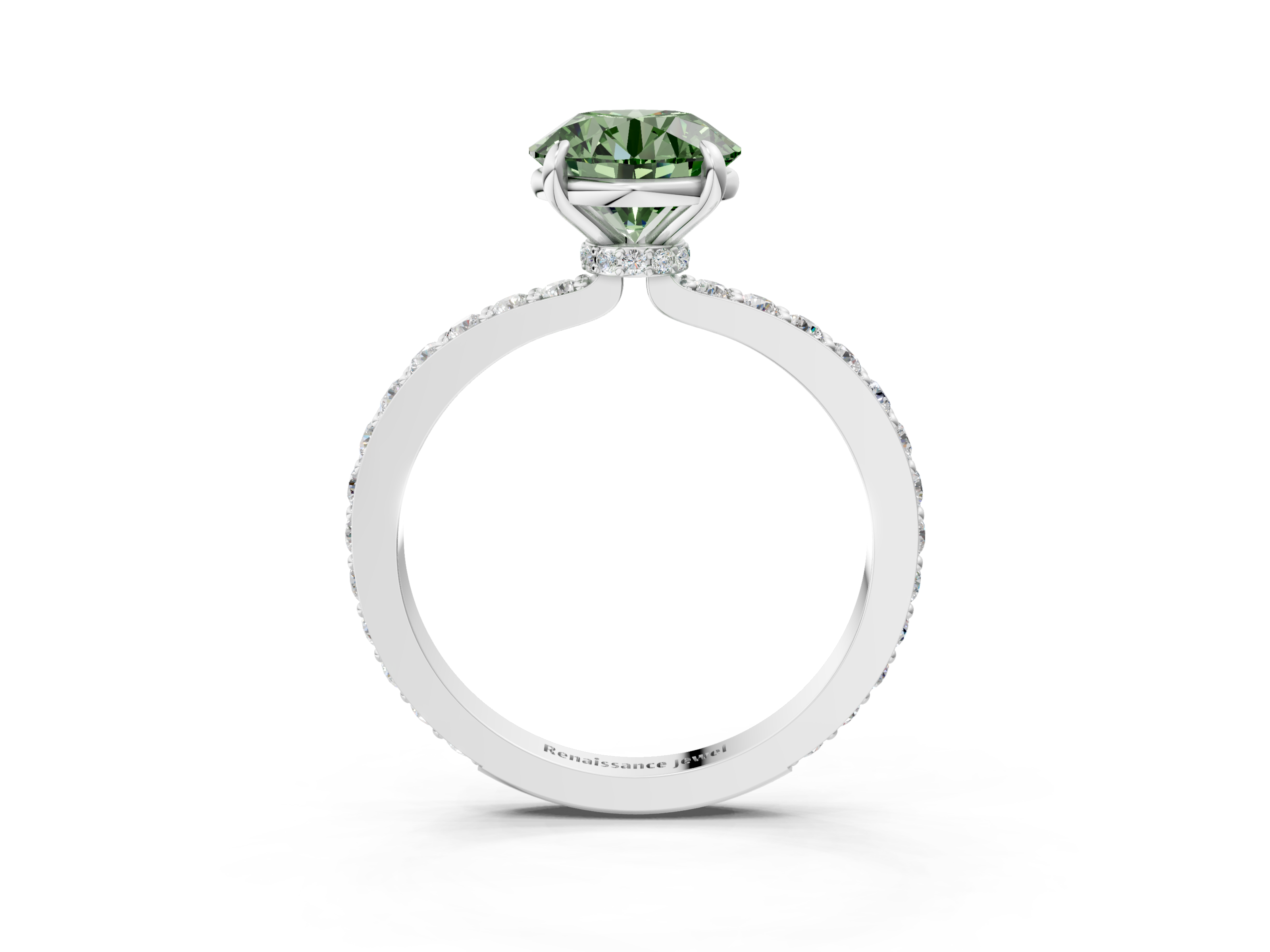 White gold Fancy Green Round  Cut Diamond Ring with Pavé Band and Four-Prong Setting_88