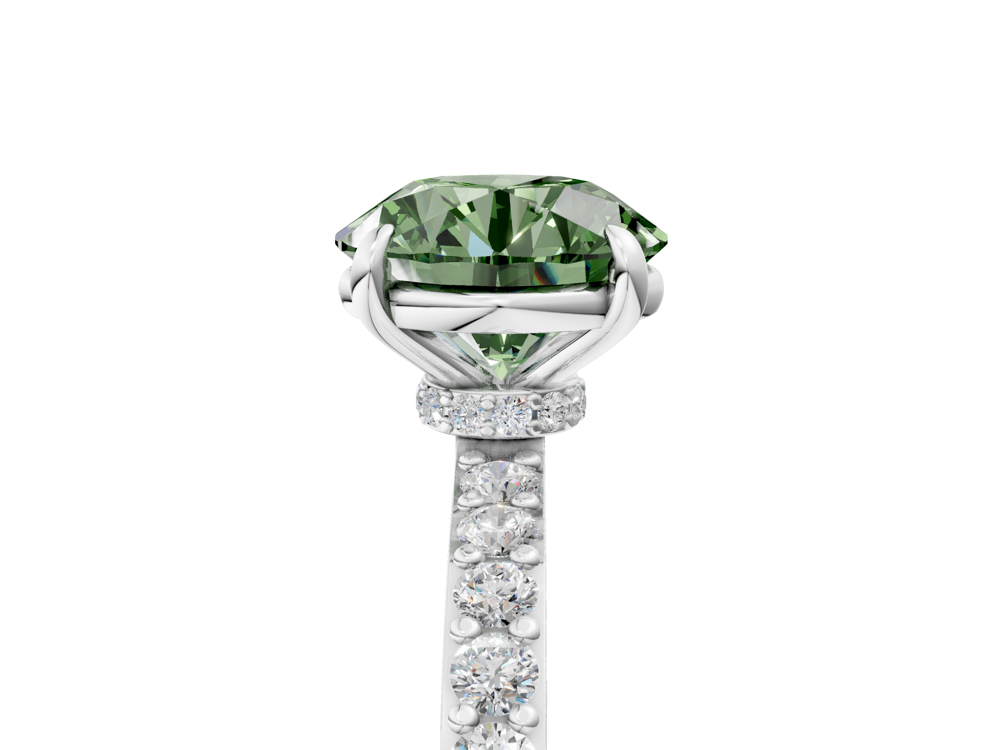 White gold Fancy Green Round  Cut Diamond Ring with Pavé Band and Four-Prong Setting_89