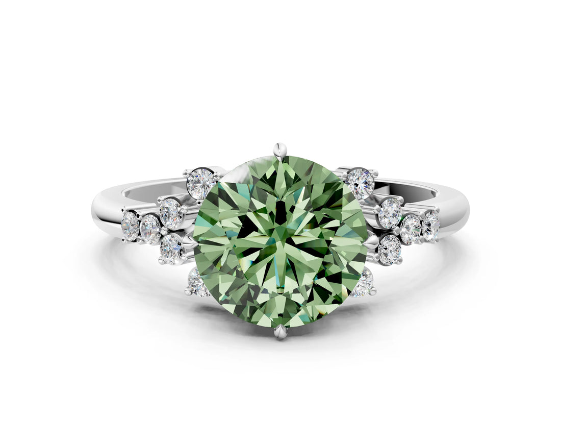 White gold Fancy Green Round Cut Diamond Ring with Side Stones and Four-Prong Setting_133
