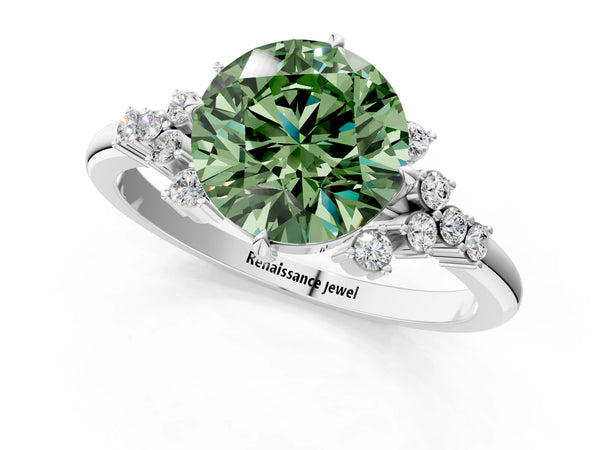 White gold Fancy Green Round Cut Diamond Ring with Side Stones and Four-Prong Setting