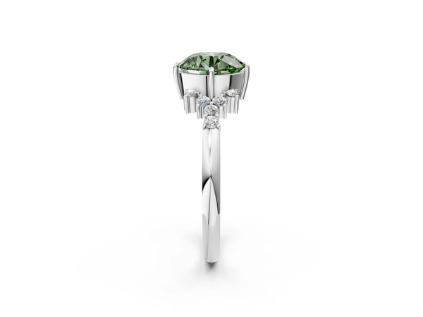 White gold Fancy Green Round Cut Diamond Ring with Side Stones and Four-Prong Setting